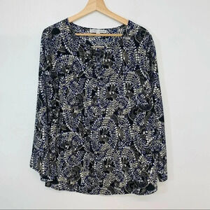 Larry Levine Womans Top  1X  Blue Geometric Print Long Roll Tab Boho Office